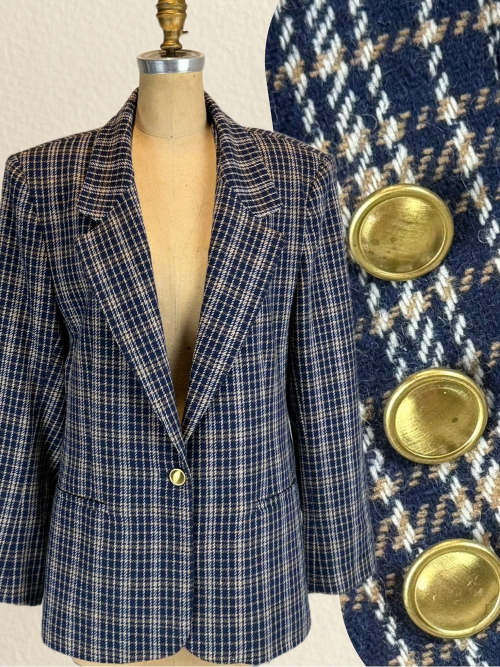VINTAGE tartan plaid wool women’s blazer suit jacket coat navy blue tailored 90s